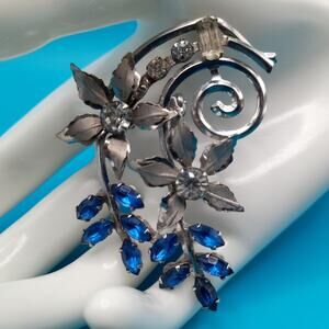 Vintage Floral Rhinestone Brooch, Mid-century, Blue Clear Silver, 1950s